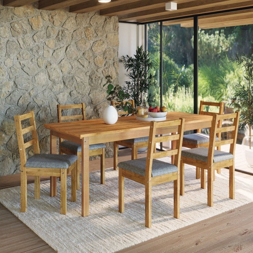 Conjunto para Jardim Madeira Maciça Mesa 160x78cm Cadeiras Assento Estofado Itália Cera Mel/Café