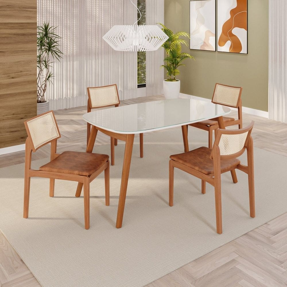 Sala de Jantar Mesa 135x76cm Tampo em Mdf com Vidro 4 Cadeiras em Couríssimo Ceci Yescasa Naturalissimo / Laca / Off White
