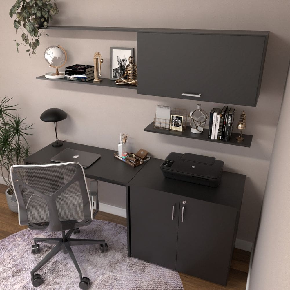 Escrivaninha com Armário Baixo e Aéreo com Chave 200cm Modular Kitcubos Preto