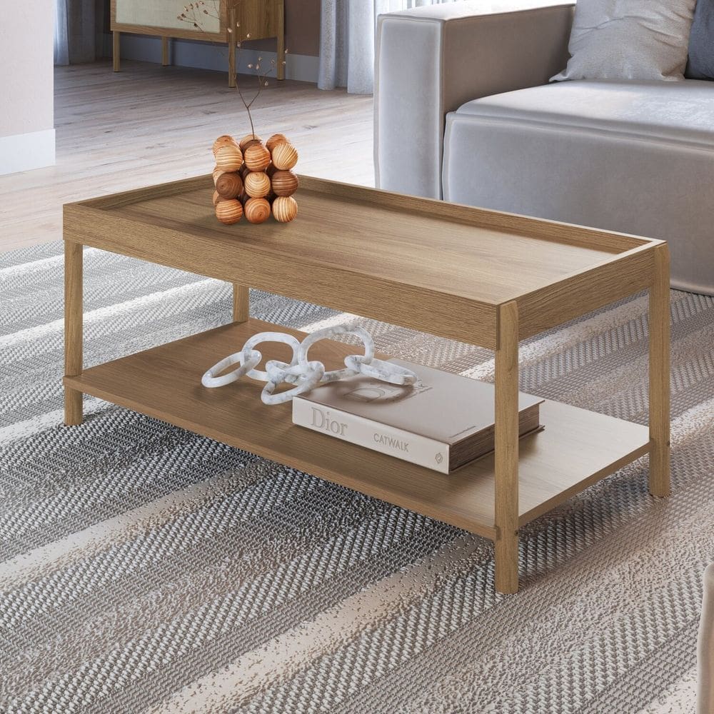 Mesa de Centro Retangular com Prateleira 93cm X 38cm Pé Madeira Oslo Hanover