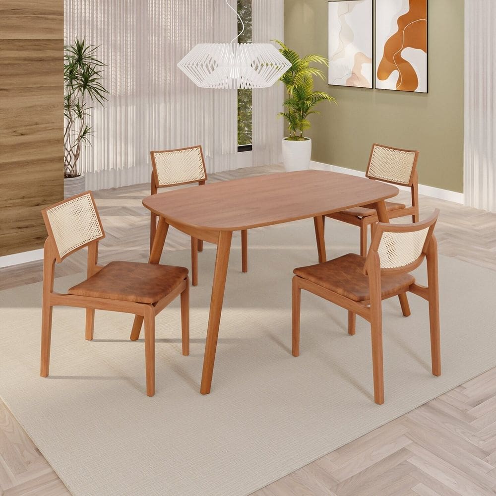 Sala de Jantar Mesa 135x76cm Tampo Laminado com 4 Cadeiras em Couríssimo Ceci Yescasa Naturalíssimo