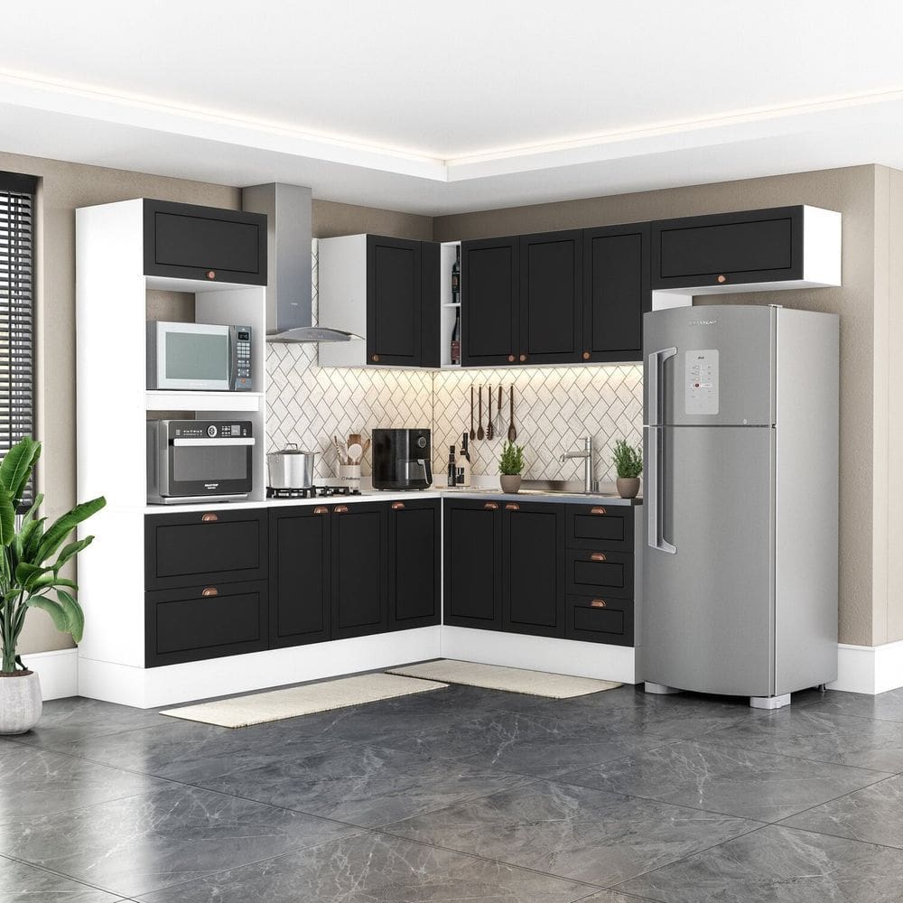 Cozinha Completa 8 Peças com Rodapé Pérola Yescasa Preto/Branco