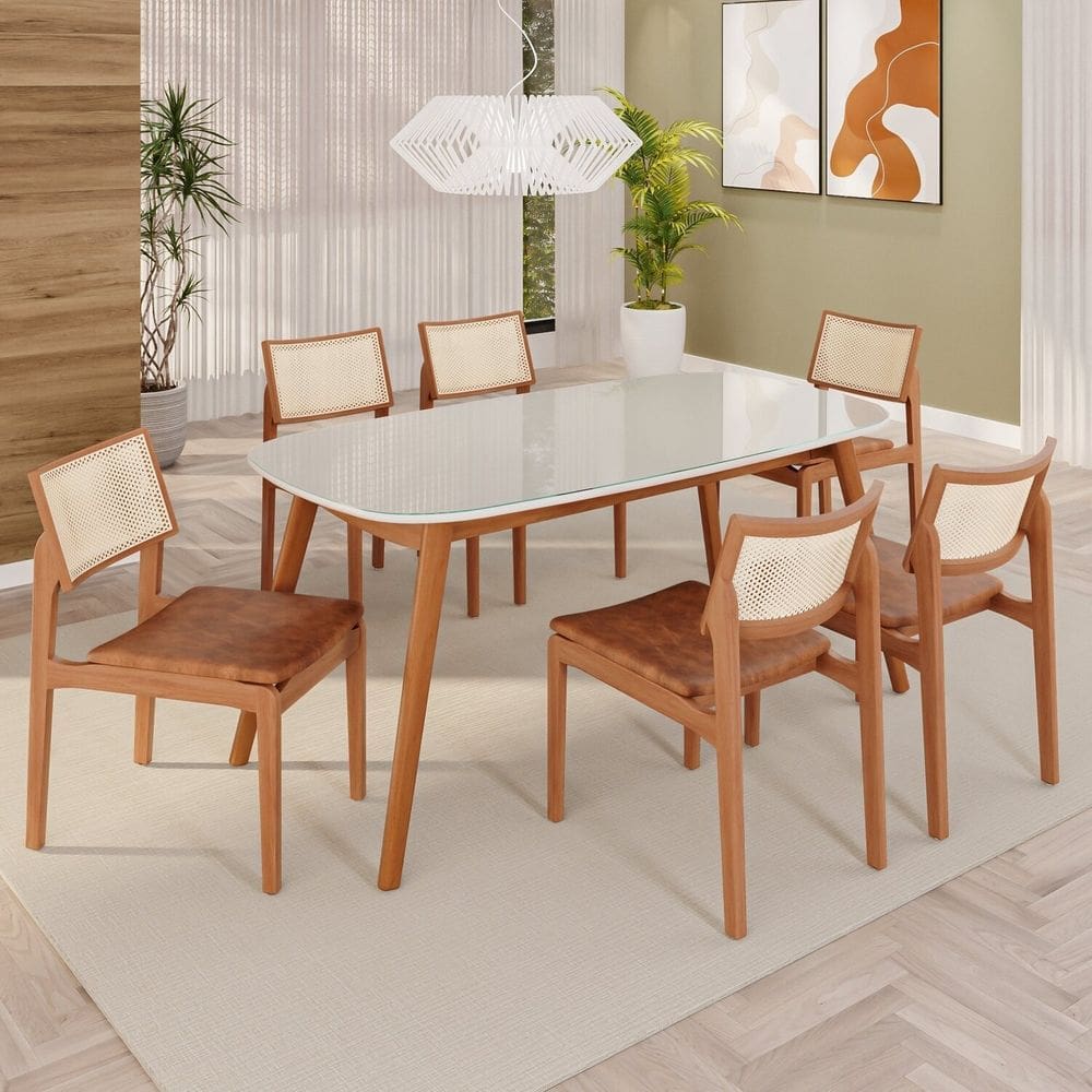 Sala de Jantar Mesa 160x76cm Tampo em Mdf com Vidro 6 Cadeiras em Couríssimo Ceci Yescasa Naturalissimo / Laca / Off White