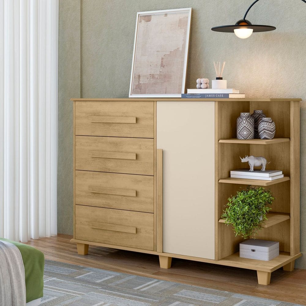 Cômoda 4 Gavetas com 1 Porta e Nichos Laterais Andorra Cinamomo / Off White