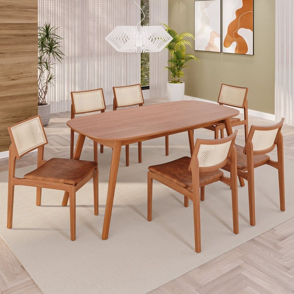 Sala de Jantar Mesa 160x76cm Tampo Laminado com 6 Cadeiras em Couríssimo Ceci Yescasa Naturalíssimo