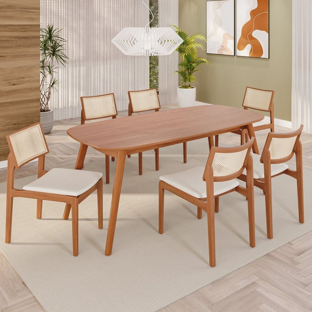 Sala de Jantar Mesa 180x76cm Tampo Laminado com 6 Cadeiras em Linho Ceci Yescasa Naturalíssimo