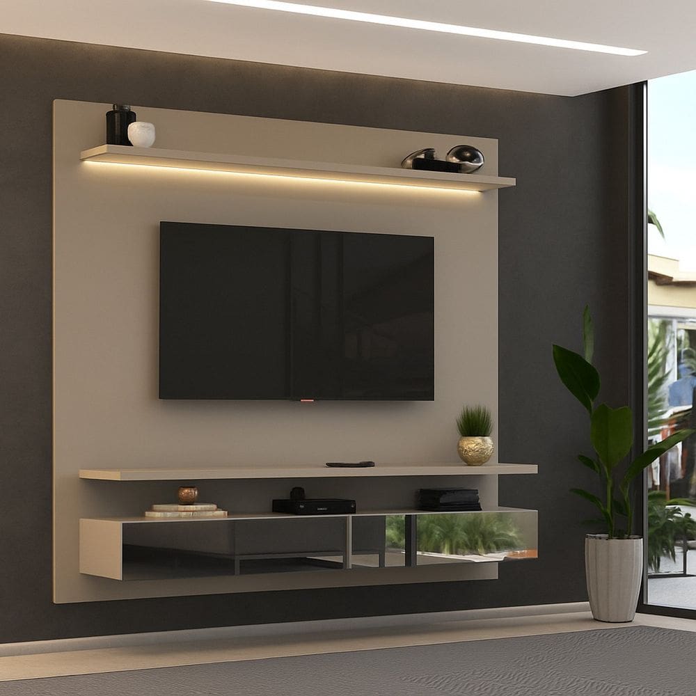 Painel para Tv 75 Polegadas com Led 2 Gavetas Espelhadas Nude