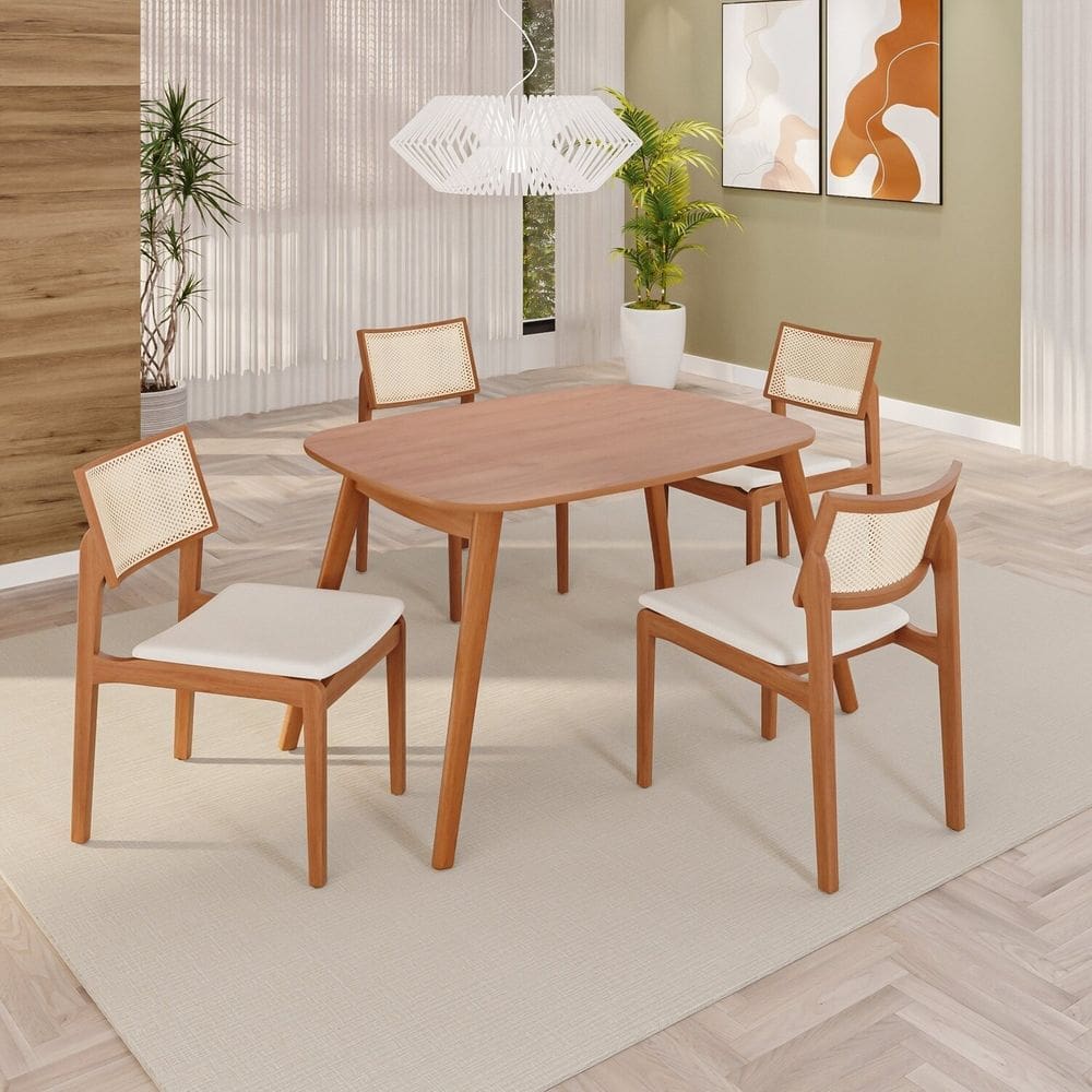 Sala de Jantar Mesa Tampo Laminado 110x76cm com 4 Cadeiras em Linho Ceci Yescasa Naturalíssimo