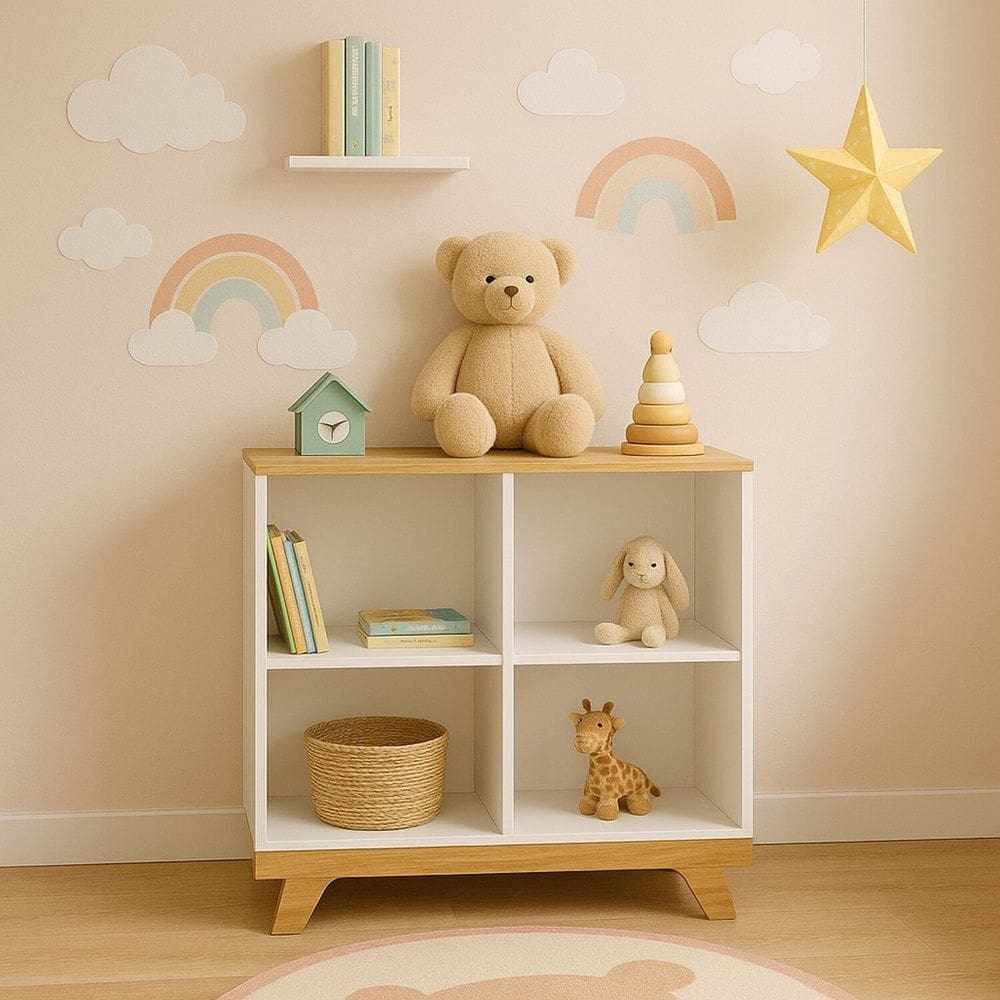 Estante Infantil 4 Nichos 100% Mdf Retrô Branco Brilho/Amêndoa