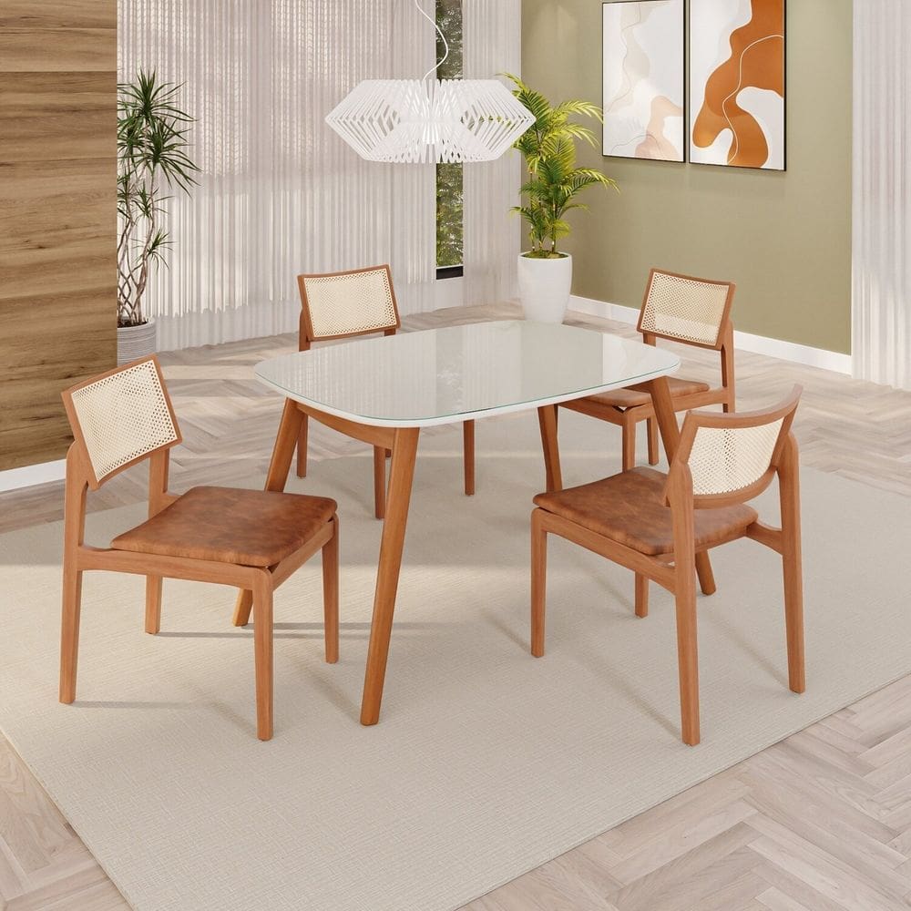 Sala de Jantar Mesa 110x76cm Tampo em Mdf com Vidro 4 Cadeiras em Couríssimo Ceci Yescasa Naturalissimo / Laca / Off White