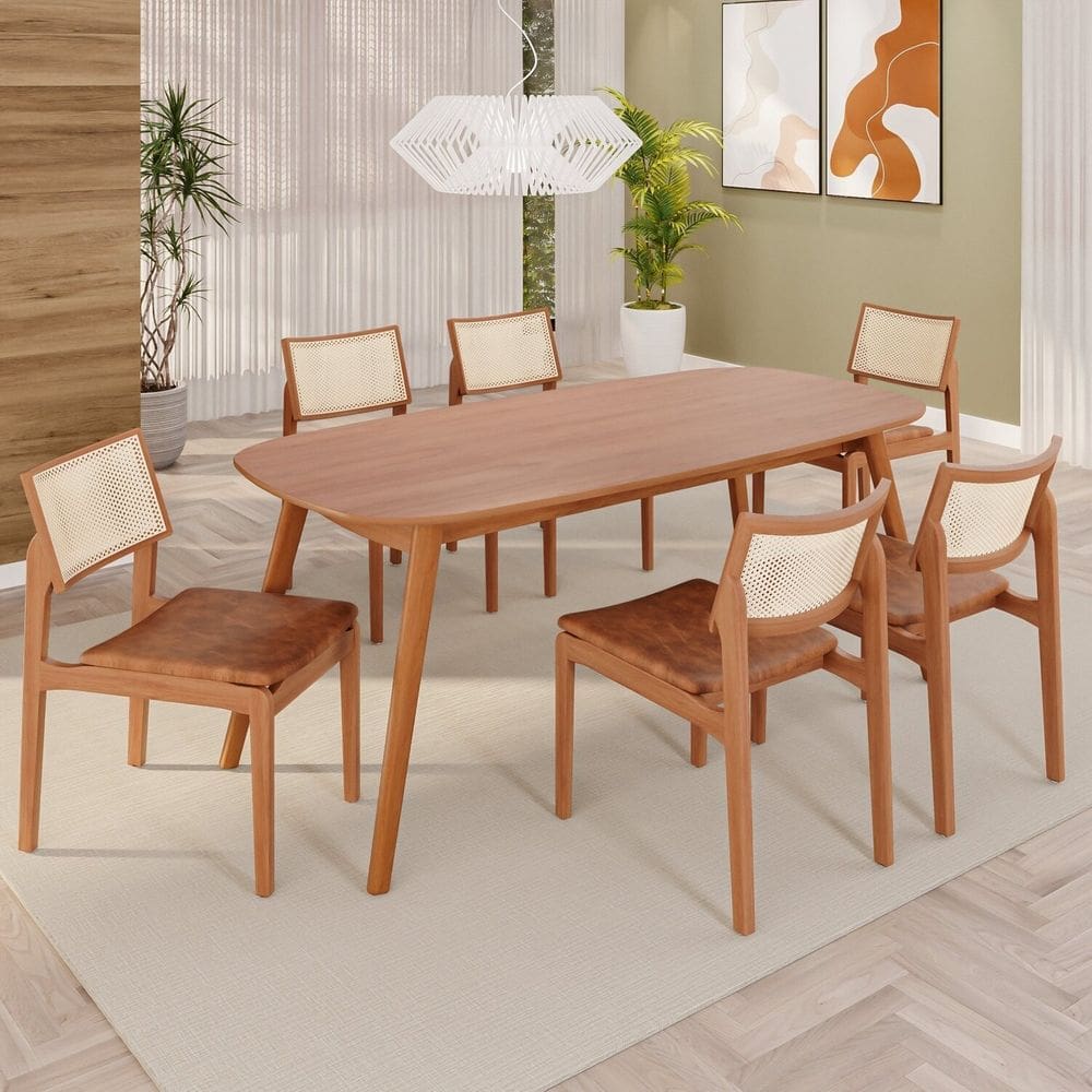 Sala de Jantar Mesa 180x76cm Tampo Laminado com 6 Cadeiras em Couríssimo Ceci Yescasa Naturalíssimo