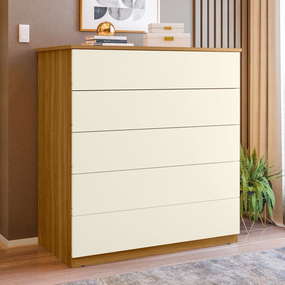 Aparador para Sala de Estar com 5 Gavetas Compacta Freijo/ Off White