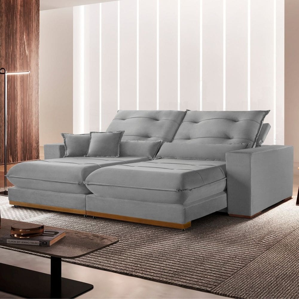 Sofá 3 Lugares Retrátil e Reclinável Veludo 250cm X 105cm Suíça Prata
