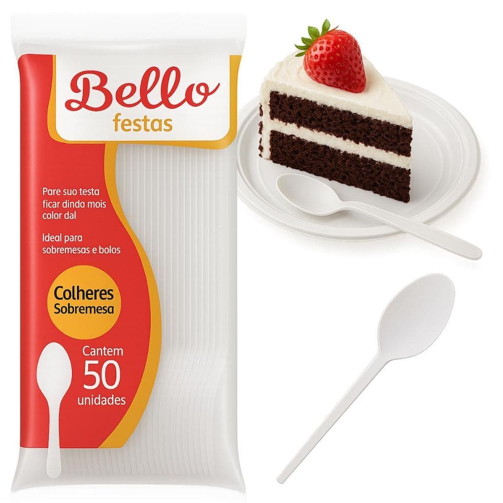 Colher De Sobremesa Descartável Branco Bello Festas 50Un