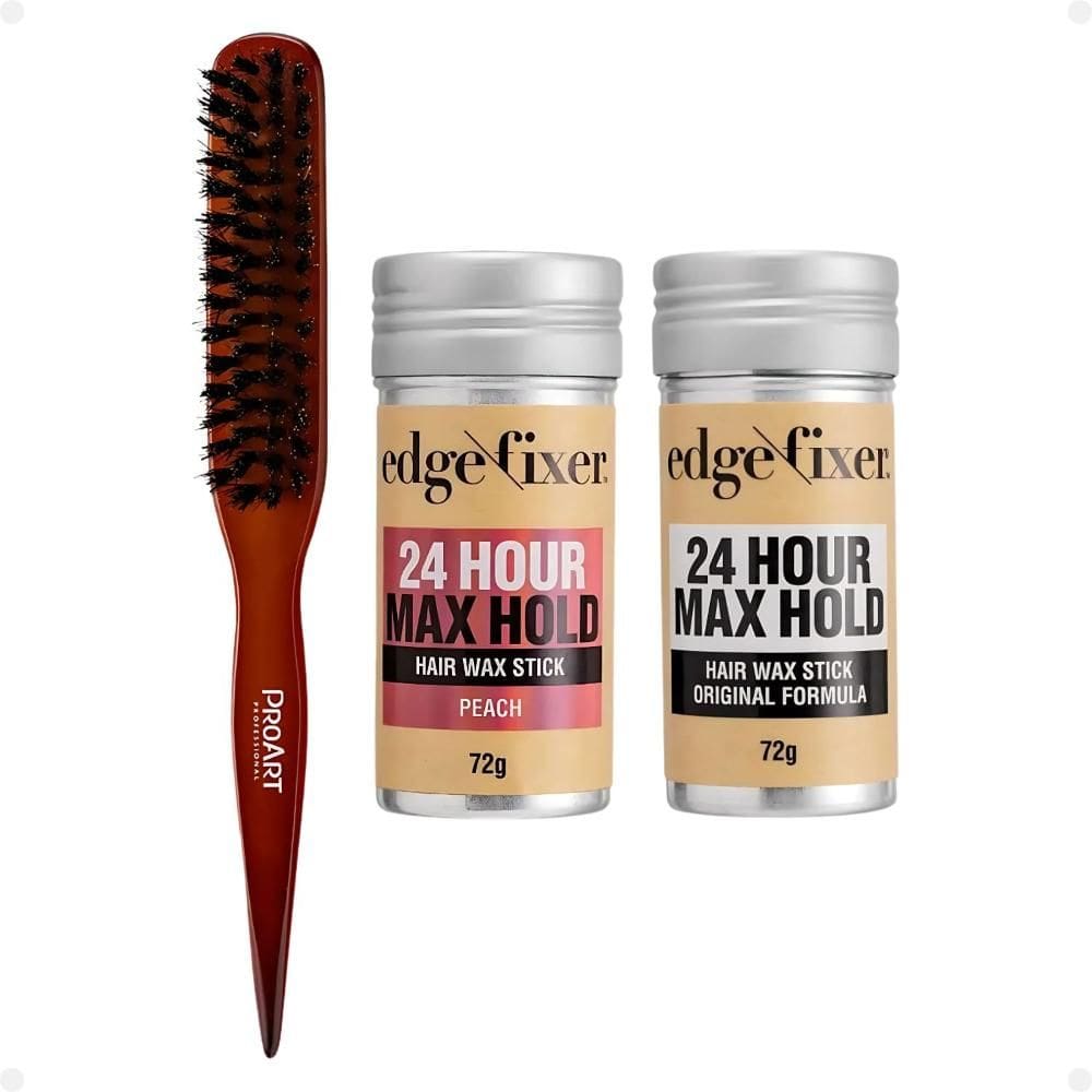 Kit Cera Fixadora de Cabelo Edge Fixer Kiss New York: autêntico e Pêssego + Escova para Acabamento e Penteado ProArt