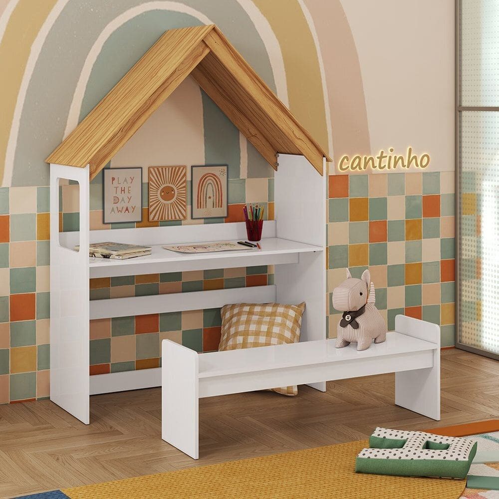 Escrivaninha Infantil Montessoriana Casinha 100% Mdf Petra Espresso Móveis Branco Brilho/Amêndoa