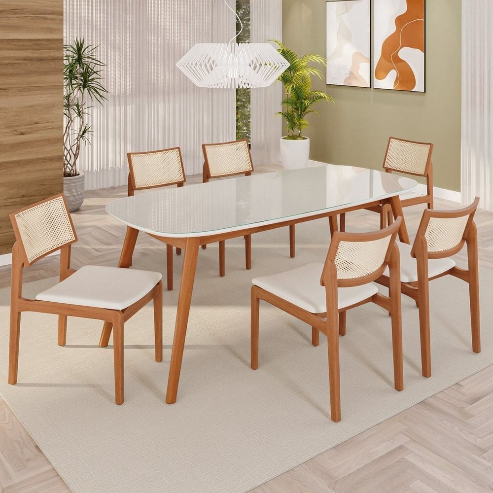 Sala de Jantar Mesa 180x80cm Tampo em Mdf com Vidro 6 Cadeiras em Linho Ceci Yescasa Naturalissimo / Laca / Off White