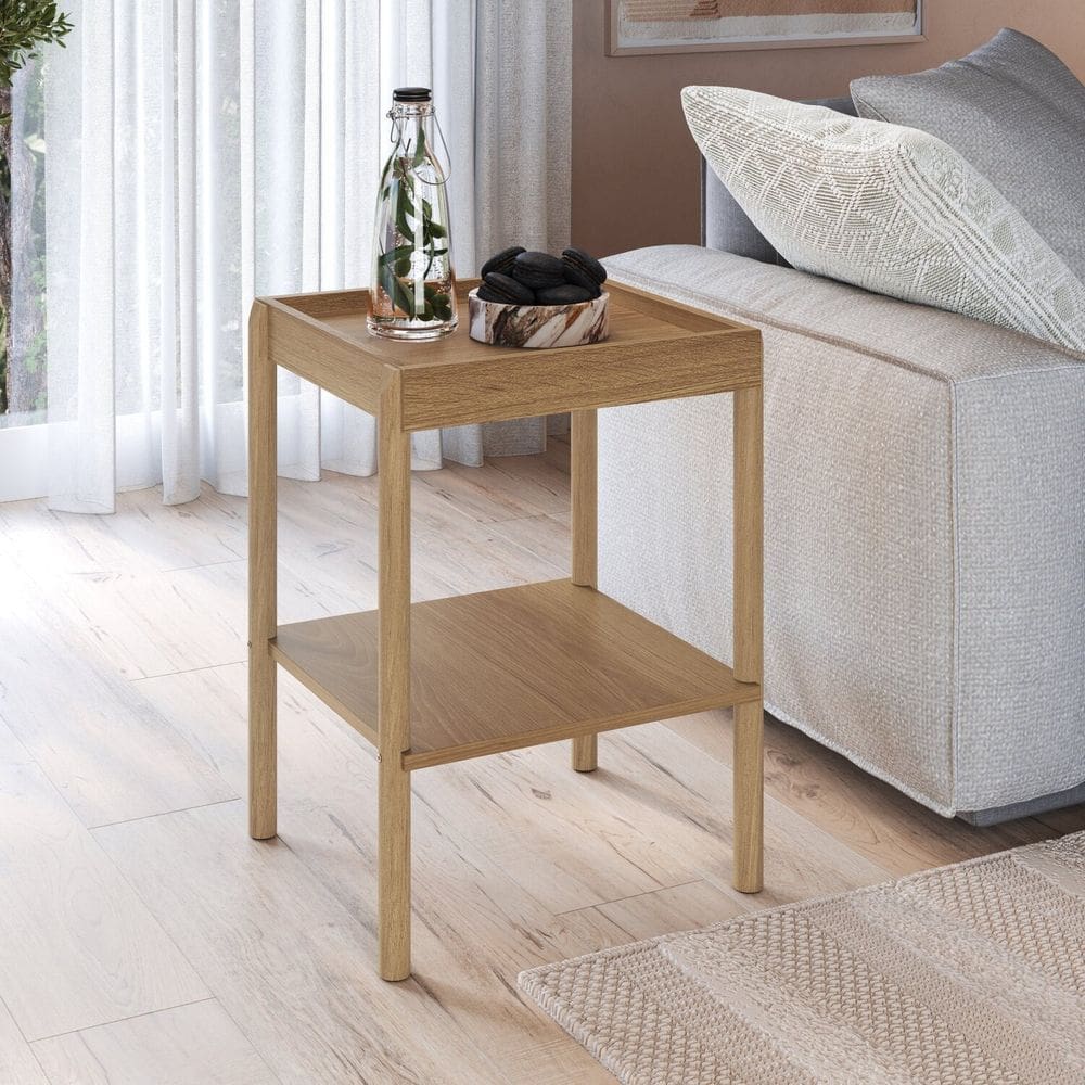 Mesa Lateral Quadrada com Prateleira 43cm X 58cm Pé Madeira Artesano Oslo Hanover