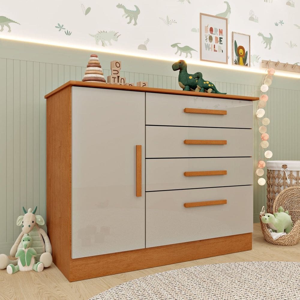 Cômoda Infantil 1 Porta 4 Gavetas 104cm Harmonia Espresso Móveis Cinamomo/ Off White