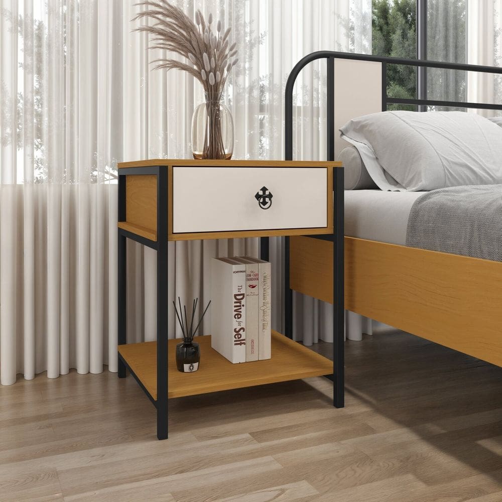 Mesa de Cabeceira 1 Gaveta 61cm X 48cm Sevilha Preto/Marrom/Off White