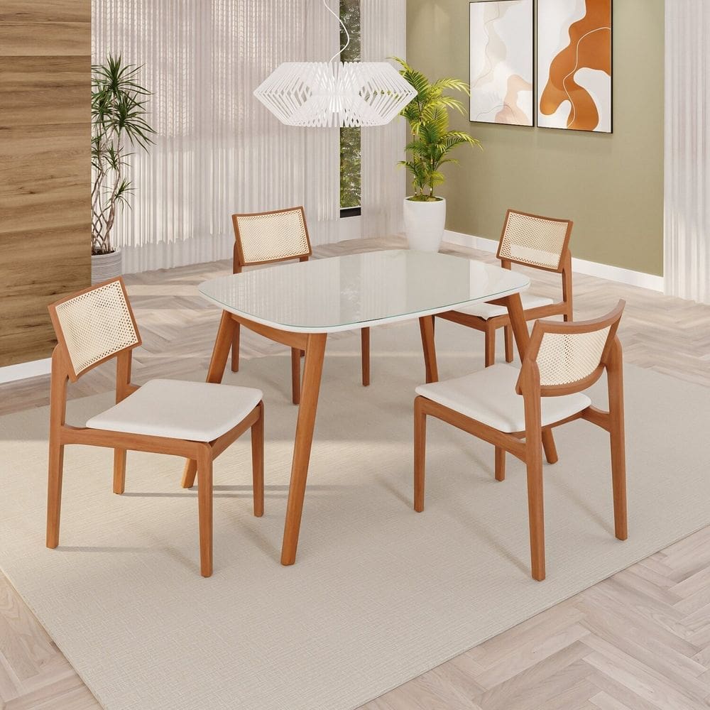 Sala de Jantar Mesa Tampo em Mdf com Vidro 4 Cadeiras em Linho 110x76cm Ceci Yescasa Naturalissimo / Laca / Off White