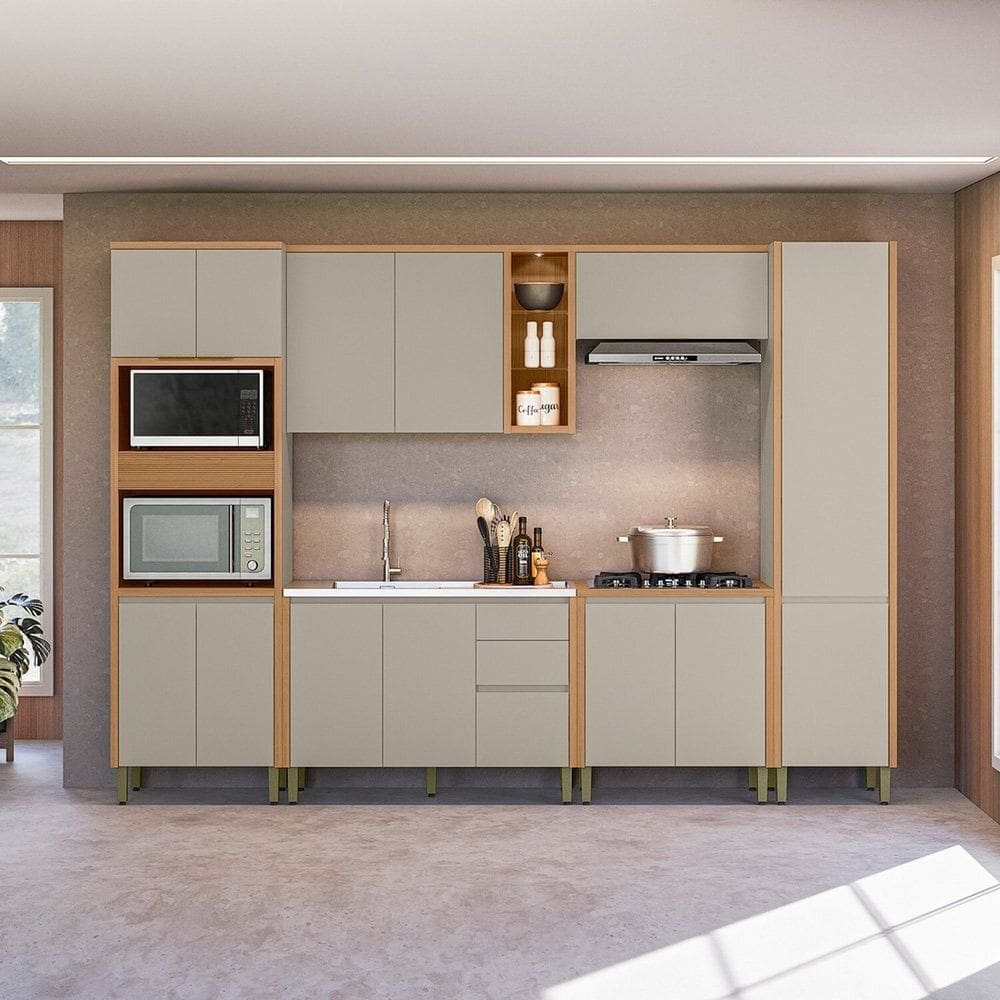 Cozinha Completa 6 Peças com Torre Quente e Paneleiro Allure Jequitibá/Gris Fosco