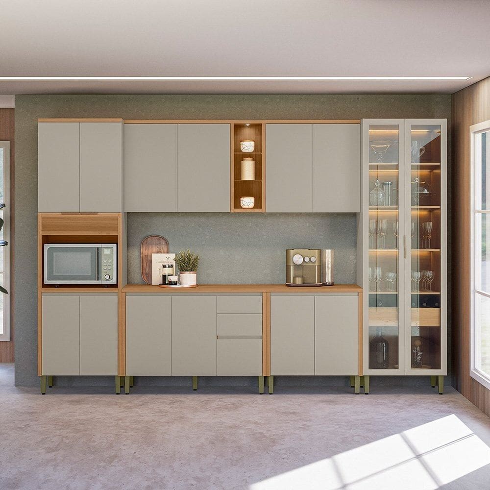Cozinha Completa 6 Peças com Torre Simples e Cristaleira Allure Jequitibá/Gris Fosco