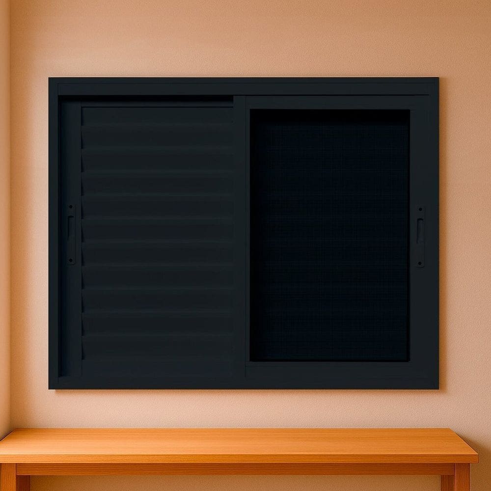 Janela Veneziana com Tela Mosquiteira 150x120cm Vidro de Segurança 6cm Fábrica do Alumínio Preto