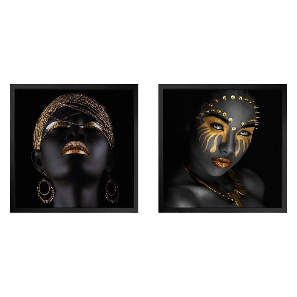 Kit 3 Quadros 50cm X 50cm Mulher e Folha Douradas Tropical Artes Preto