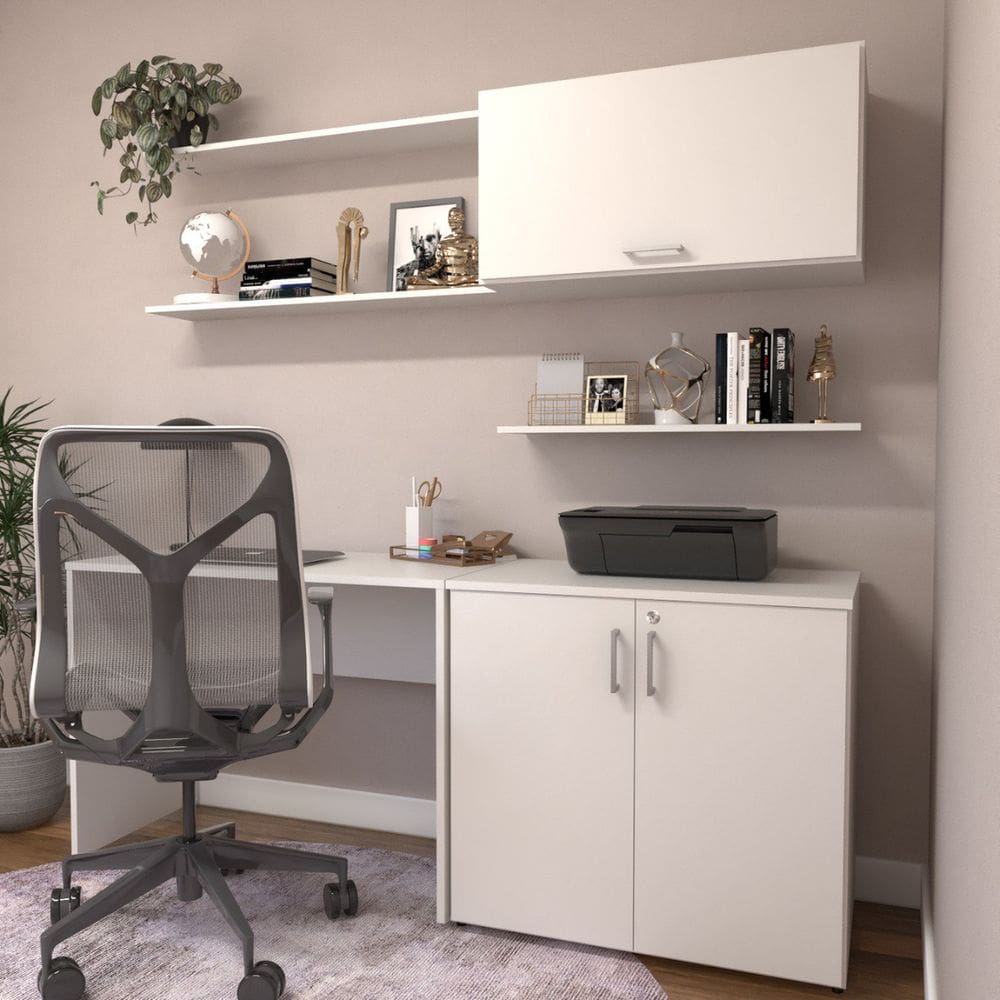 Escrivaninha com Armário Baixo e Aéreo com Chave 200cm Modular Kitcubos Branco