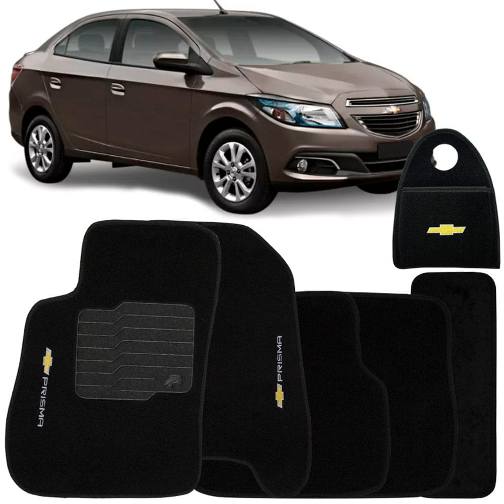 Jogo Tapete Automotivo Carpete + Lixeira Prisma 2013 à 2019 Soft Logo Bordado Preto 6 Peças