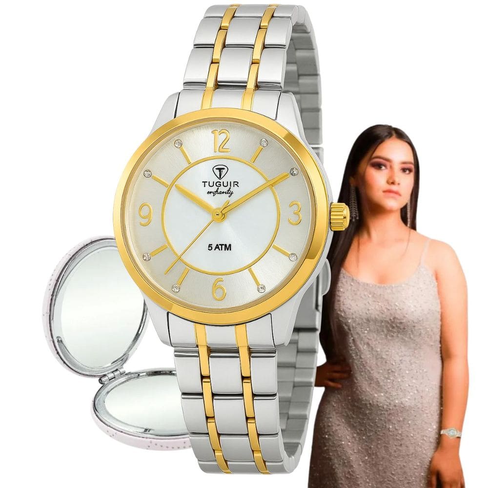 Relógio de Pulso Tuguir Feminino Infinity Analógico Aço Inóx Casual Redondo Prata e Dourado TGI37050 + Espelho de Bolsa