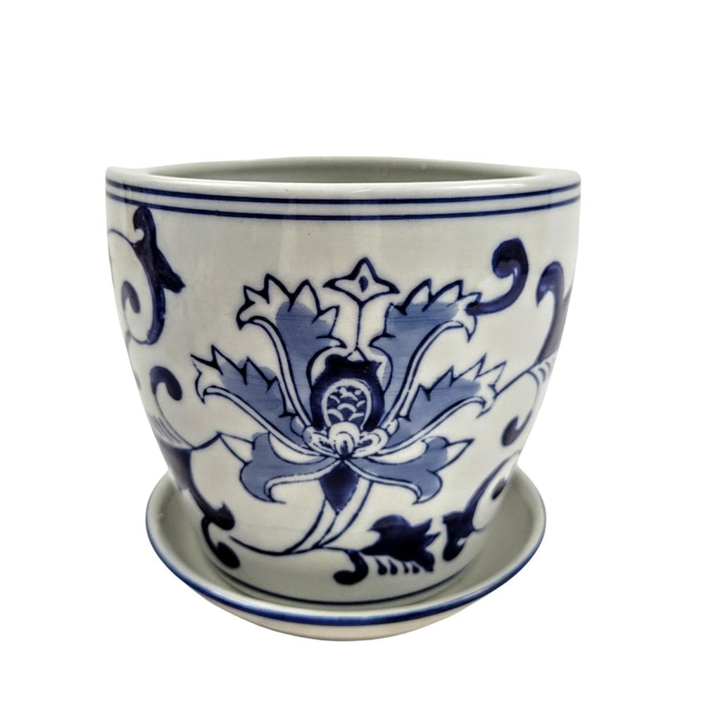 Vaso Cachepot Porcelana Azul E Branco Floral Decoração P