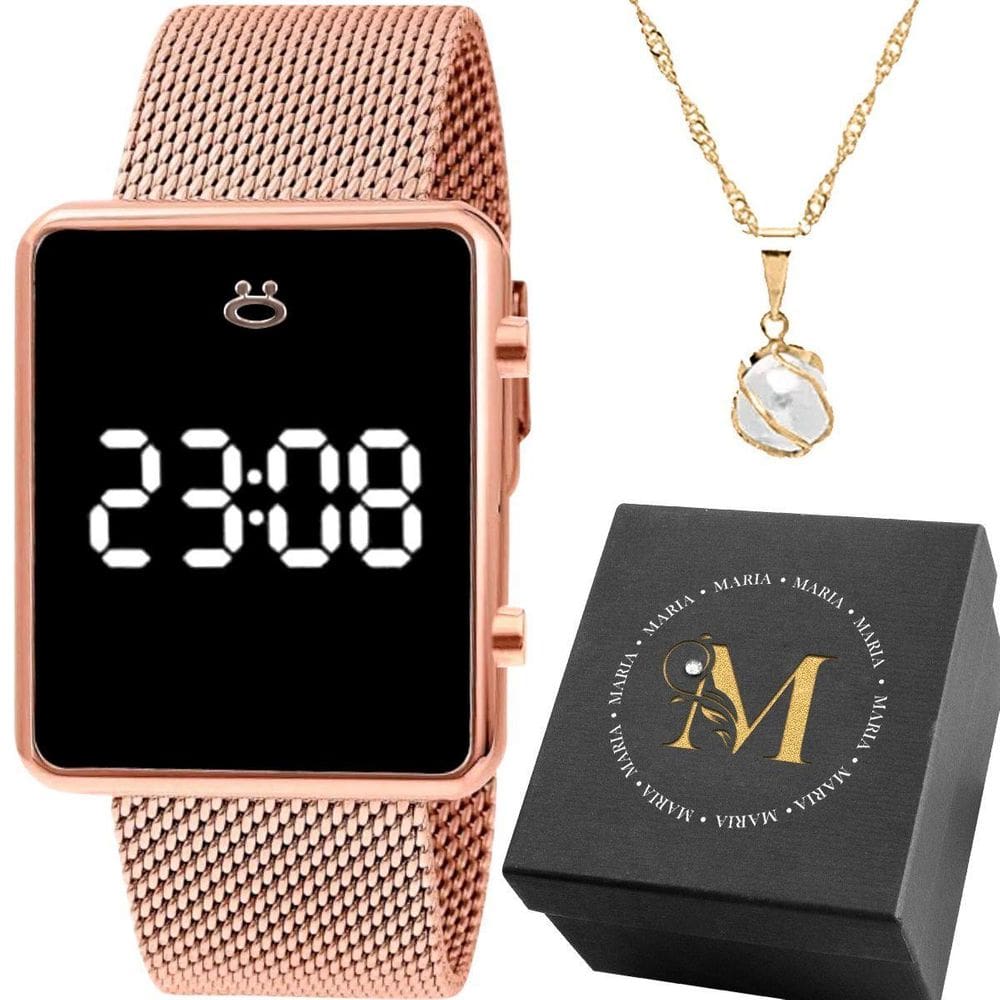 Relogio Digital Aço Silicone Feminino + Colar Perola