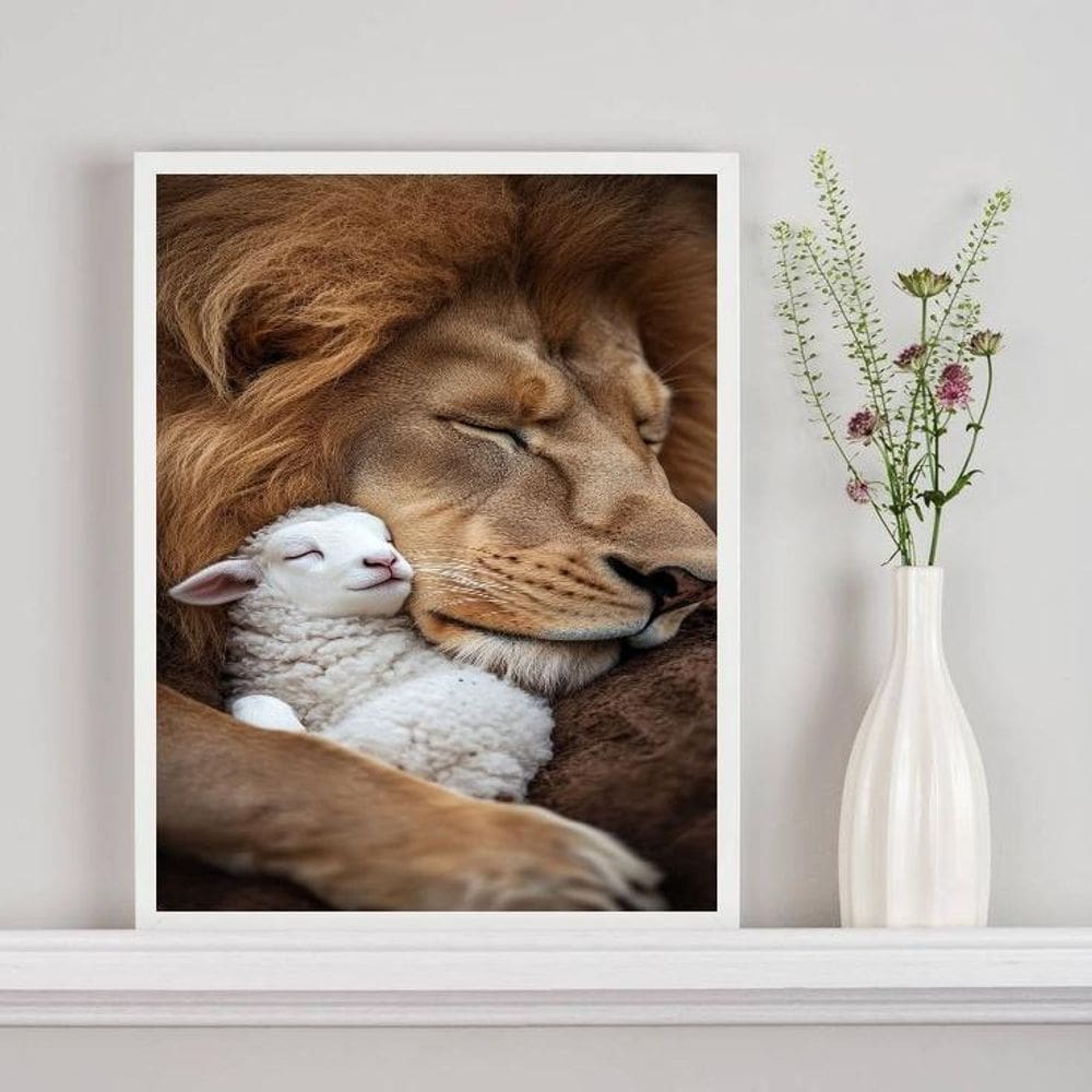 Quadro Decorativo Leão Com Cordeiro 45X34Cm