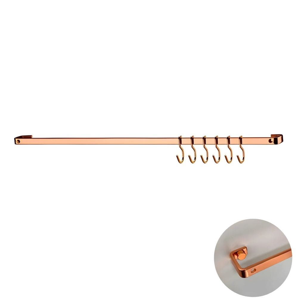 Barra Piatina 60cm Com 6 Ganchos de Parede Cozinha Rose Gold - 2412RG Future