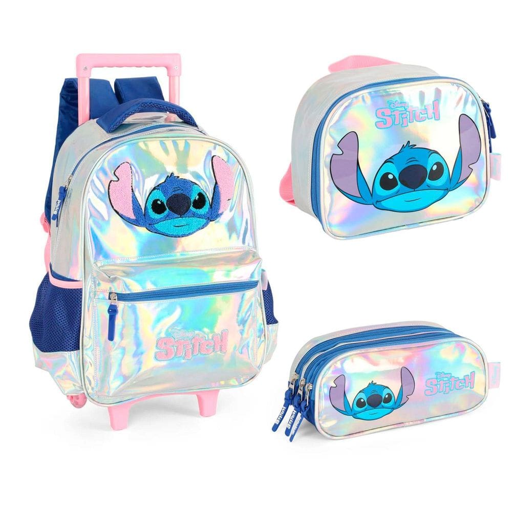 Kit Mochila Lancheira Estojo Stitch Holográfica Infantil