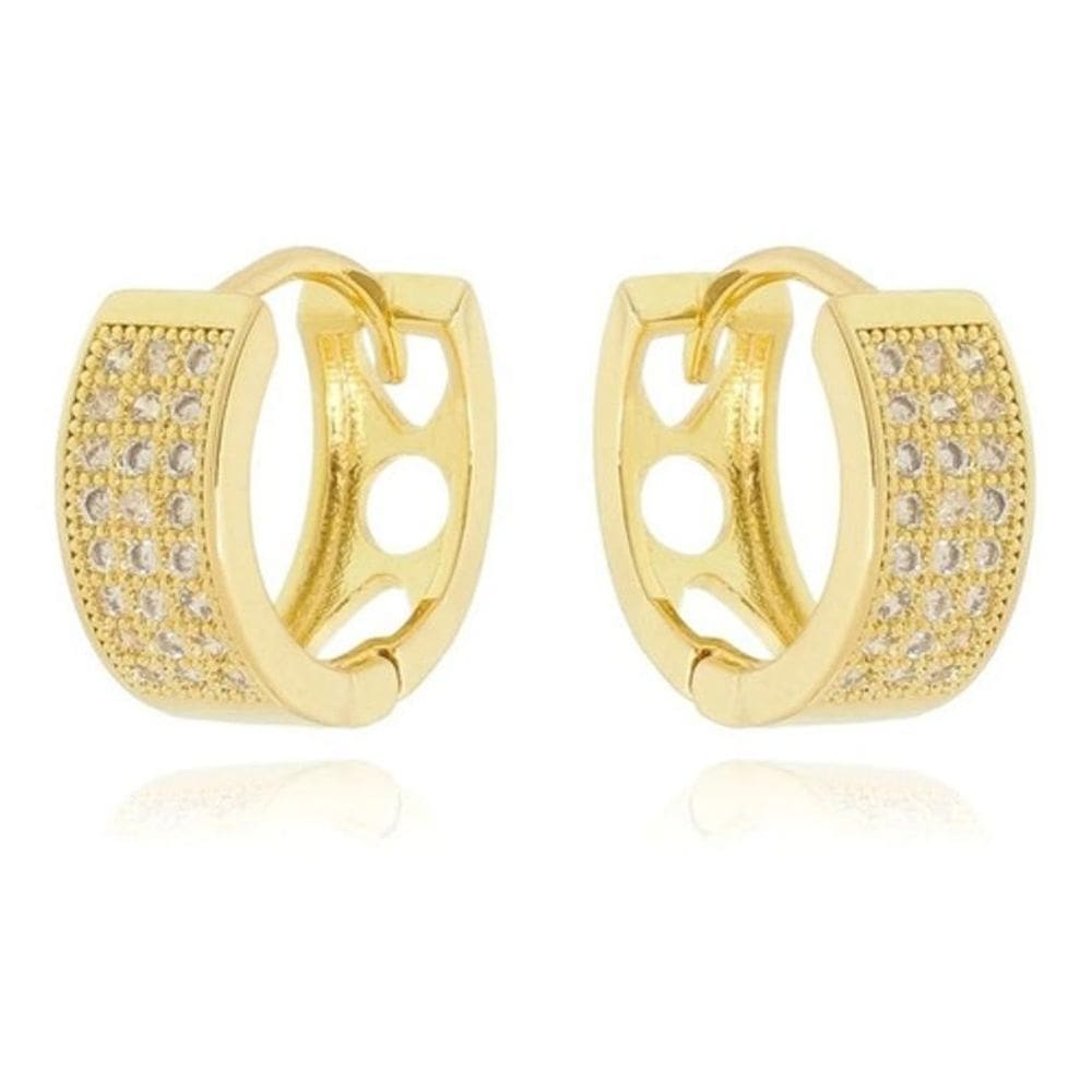Brinco Argola Dourado Pedra Zirconia Largo Pequeno 6 Mm