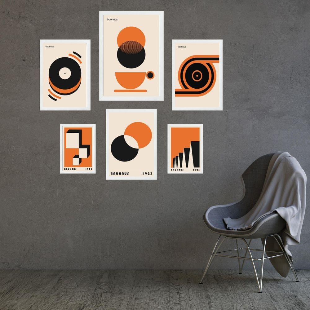 Kit Composição 6 Quadros Bauhaus Laranja E Preto