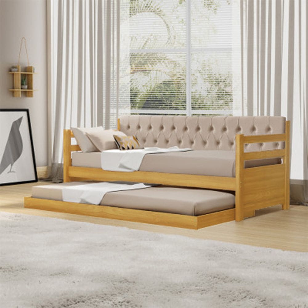 Sofá Cama Solteiro Verona Imbuia Estofado Capitonê Veludo Bege com Cama Auxiliar