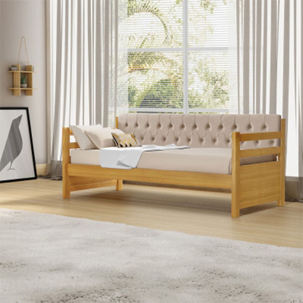 Sofá Cama Solteiro Verona Mona Imbuia Estofado Capitonê Veludo Bege