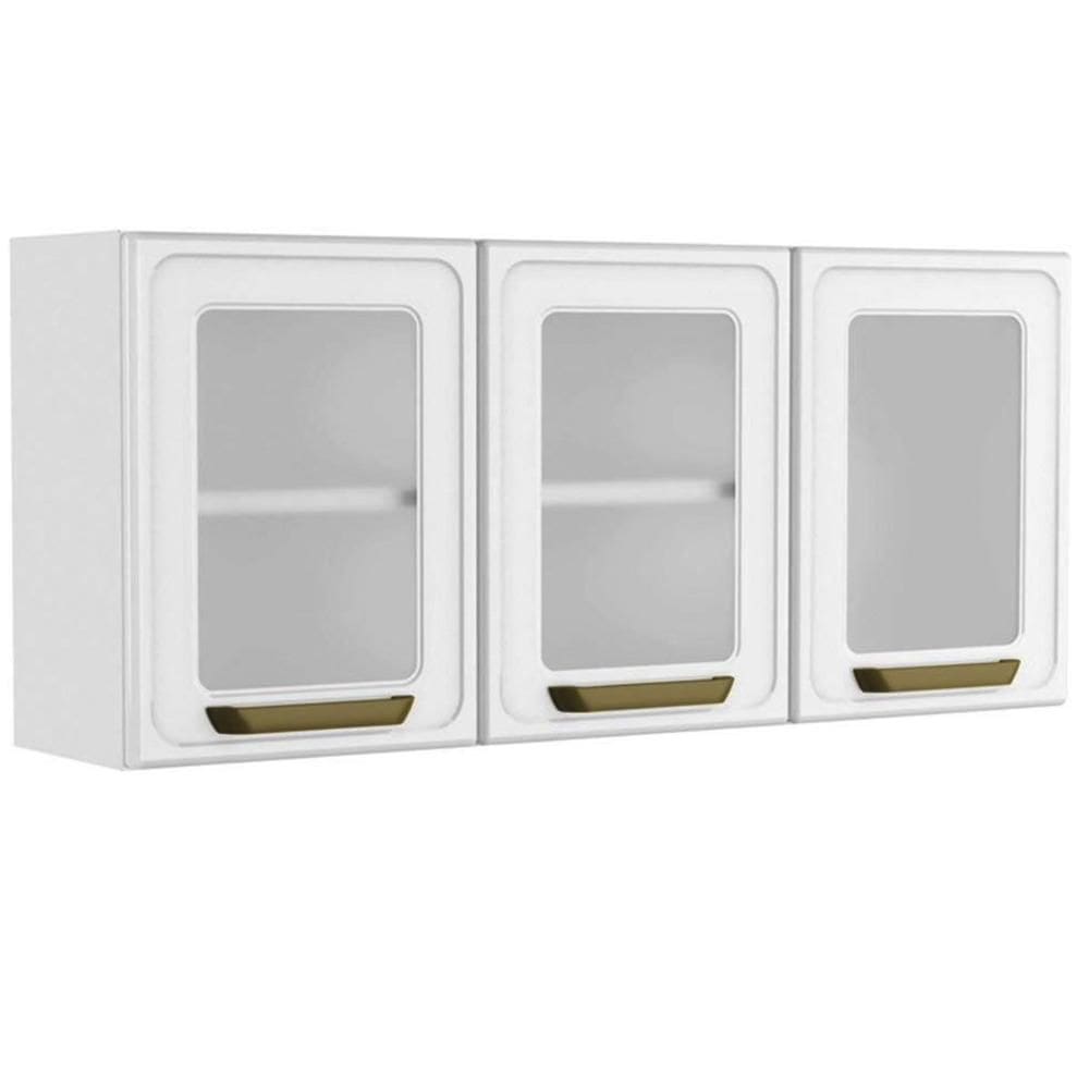 Armário Aéreo p/ Cozinha Bella c/ 3 Portas c/ Vidro 120cm Branco - Bertolini