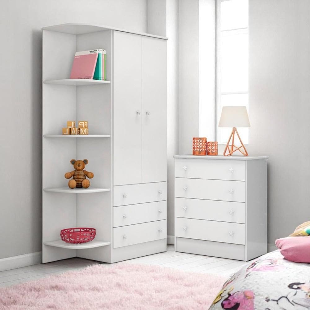 777 - Comoda 4 Gavetas Doce Sonho Branco/Branco (777.5) + 825 - G. Roupa Inf. 2Pts Doce Sonho Branco/Branco (825.5)