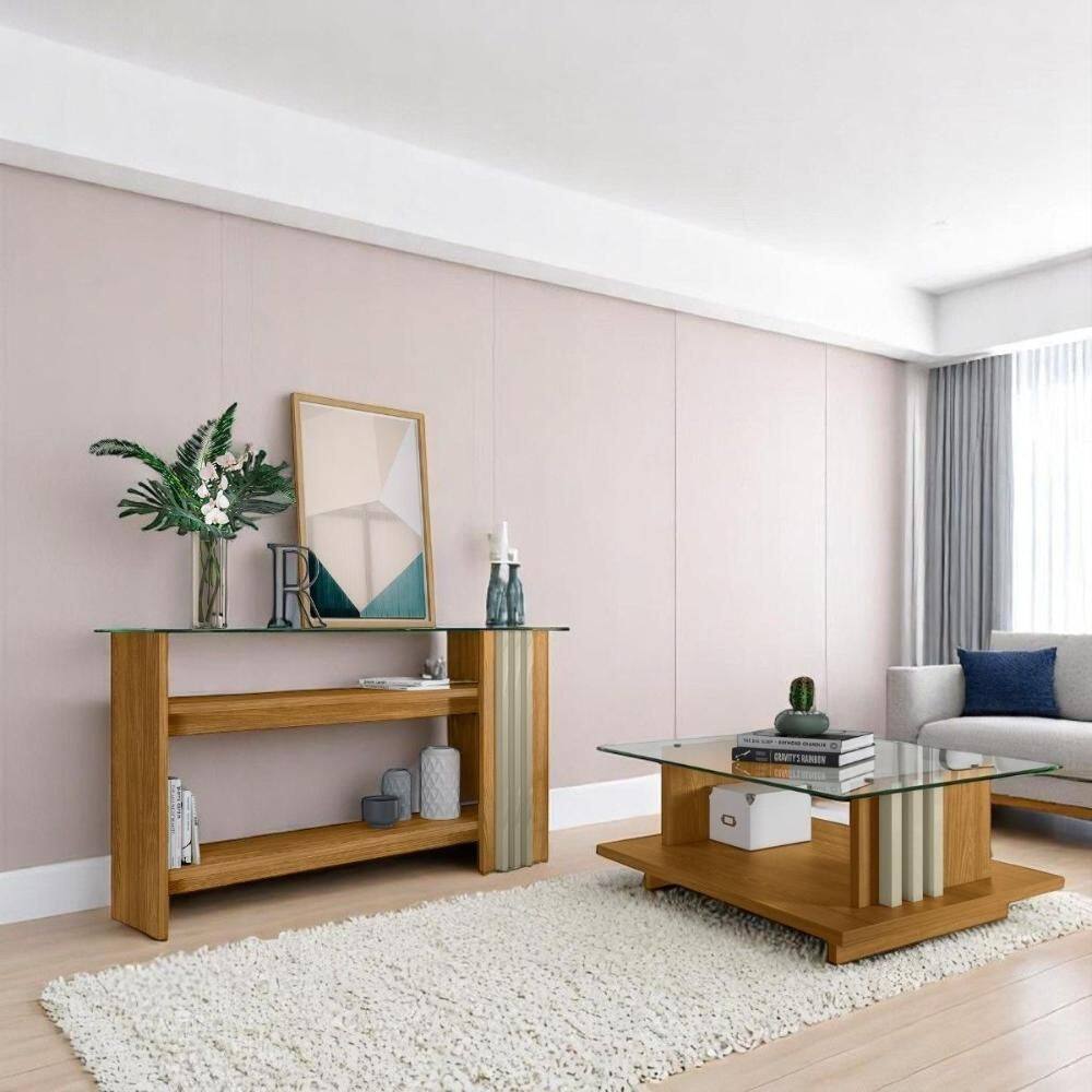 Conjunto Aparador Domo com Prateleira e Mesa de Centro c/ Nicho Cumaru/Opala