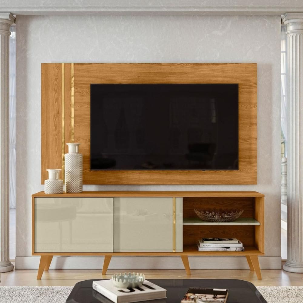 Conjunto Chronos Rack 2 portas com Painel Cumaru/Opala com Rack e Painel