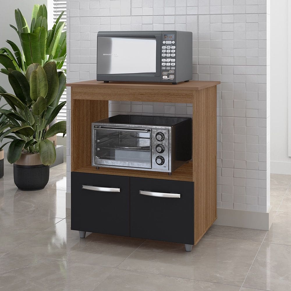 Armário Balcão Multiuso para Cozinha Micro-ondas e Forno Angela 02 Portas Savana Preto Moblis