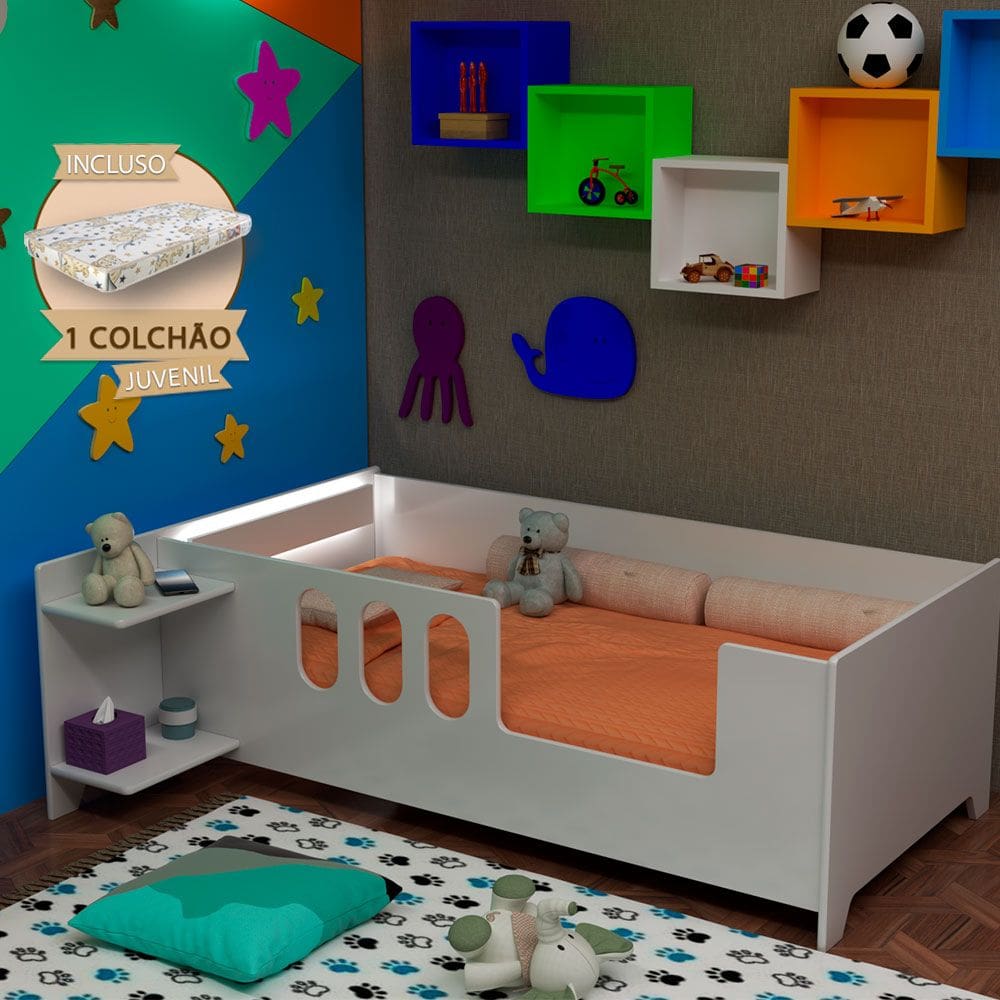 Cama Juvenil Livia com Led Usb Prateleiras Divaloto Acompanha Colchão D18 - Branco