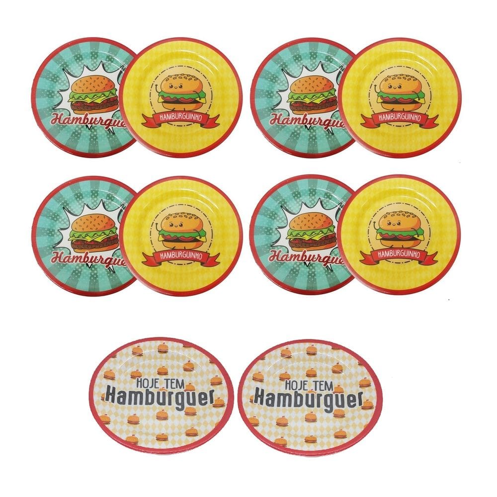 Conjunto 10 Pratos Raso Em Melamina Temático Hamburguer 20cm