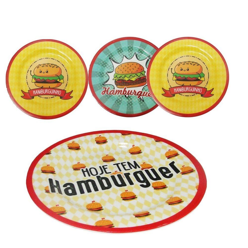 Conjunto 4 Pratos Raso Em Melamina Temático Hamburguer 20cm