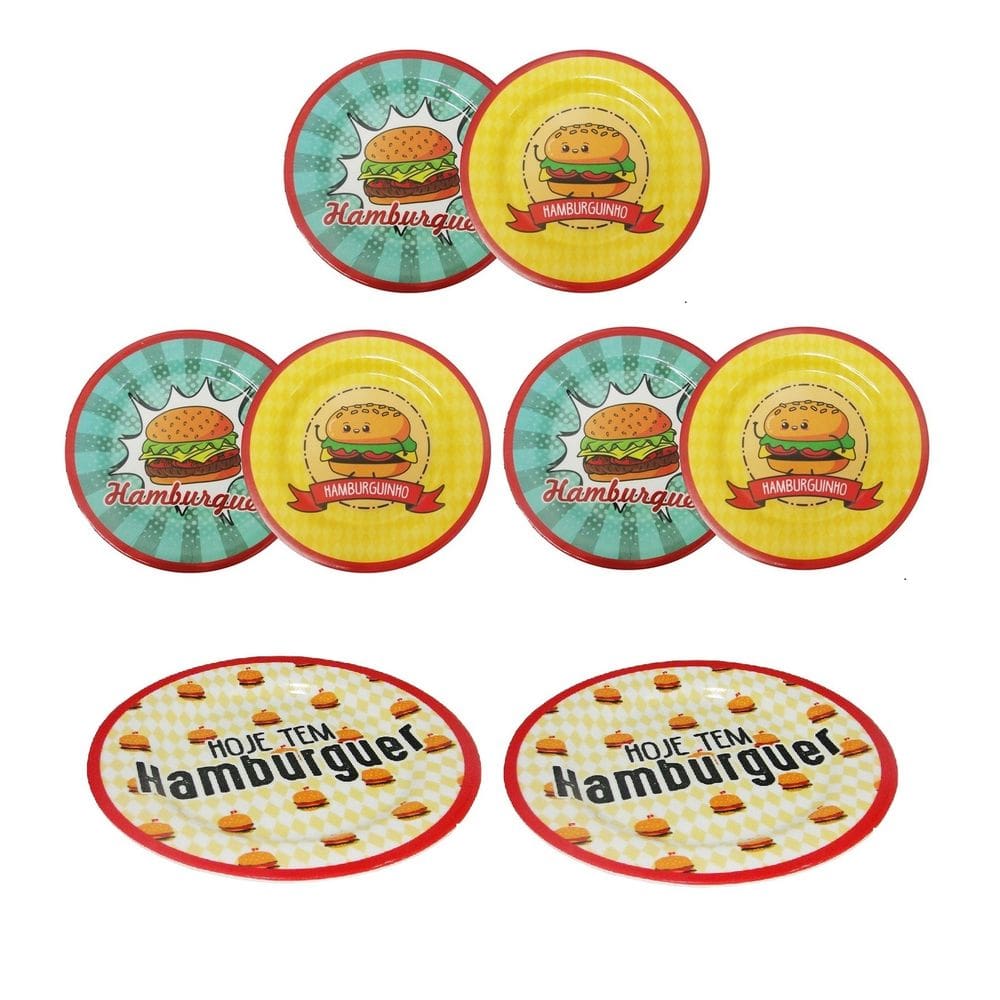 Conjunto 8 Pratos Raso Em Melamina Temático Hamburguer 20cm